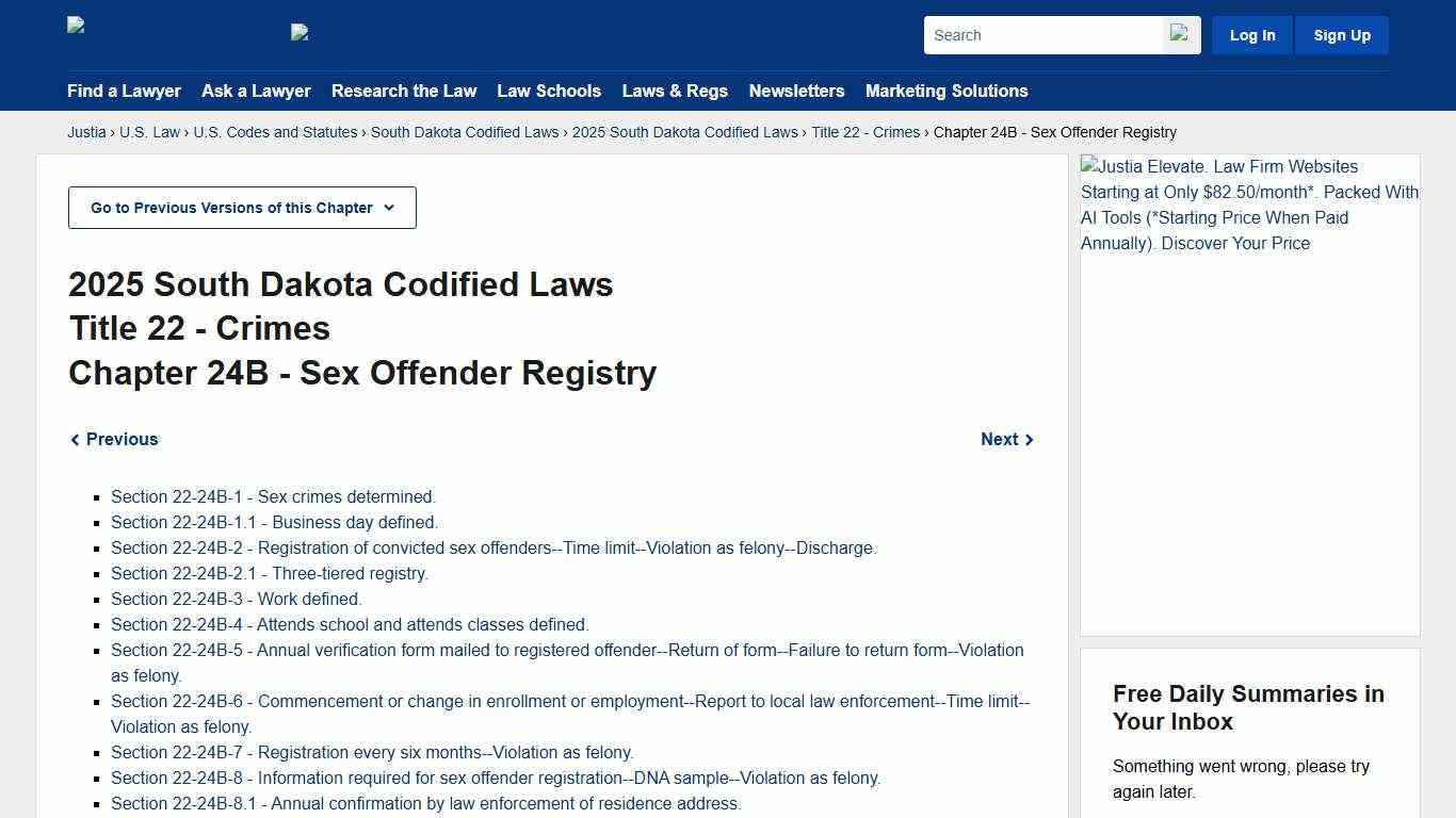 South Dakota Codified Laws Title 22, Chapter 24B (2025) - Sex Offender Registry :: 2025 South Dakota Codified Laws :: U.S. Codes and Statutes :: U.S. Law :: Justia